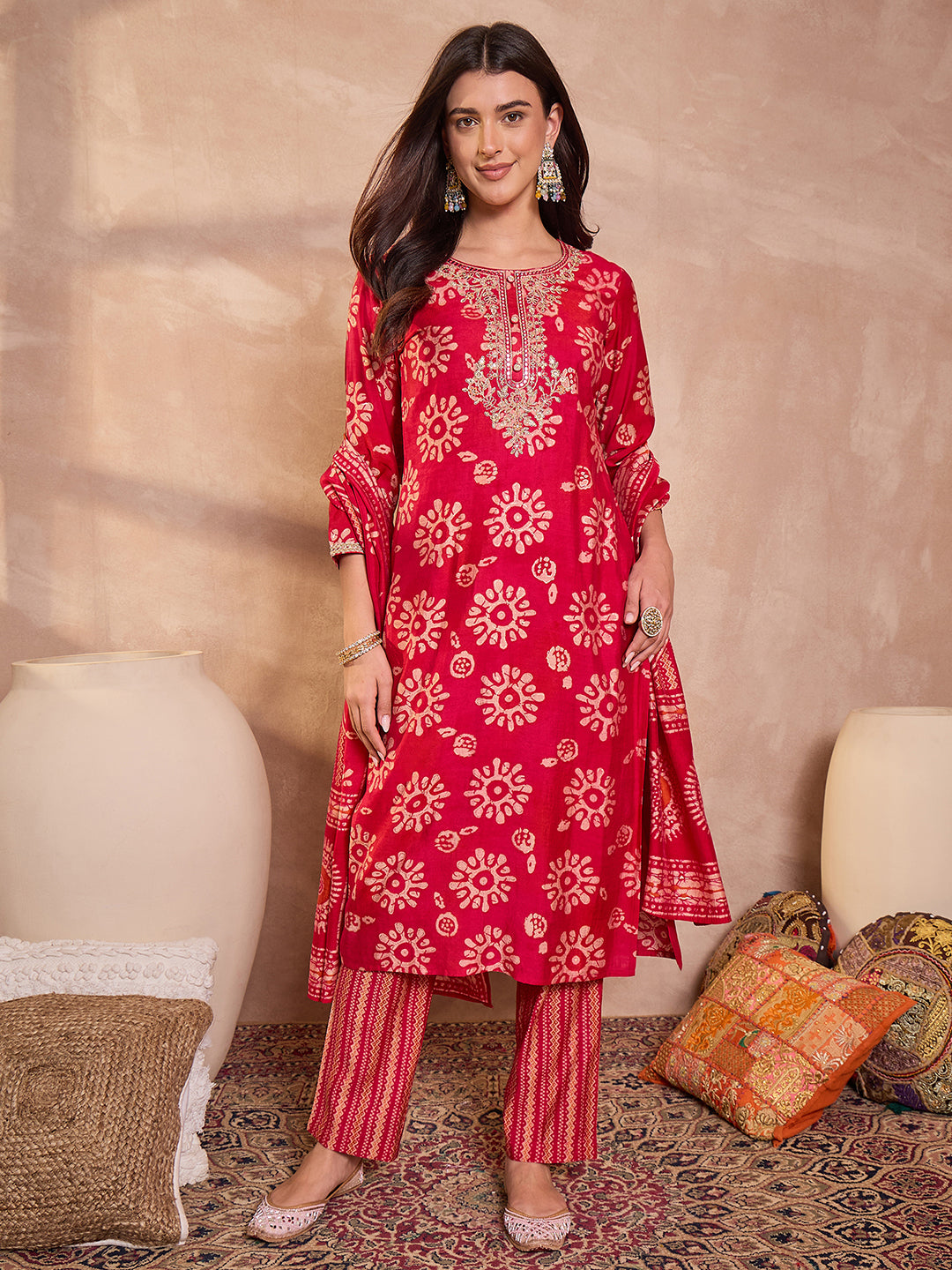 Pink Rayon Blend Floral Printed Straight Kurta Trouser With Dupatta