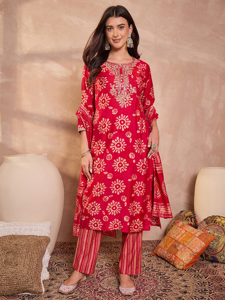 Pink Rayon Blend Floral Printed Straight Kurta Trouser With Dupatta