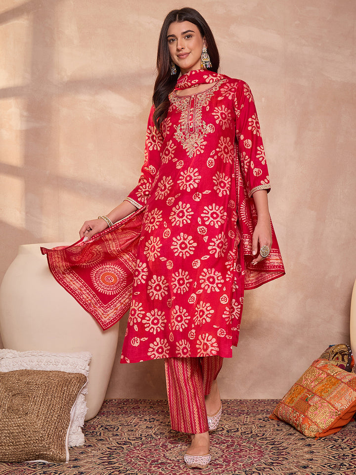 Pink Rayon Blend Floral Printed Straight Kurta Trouser With Dupatta