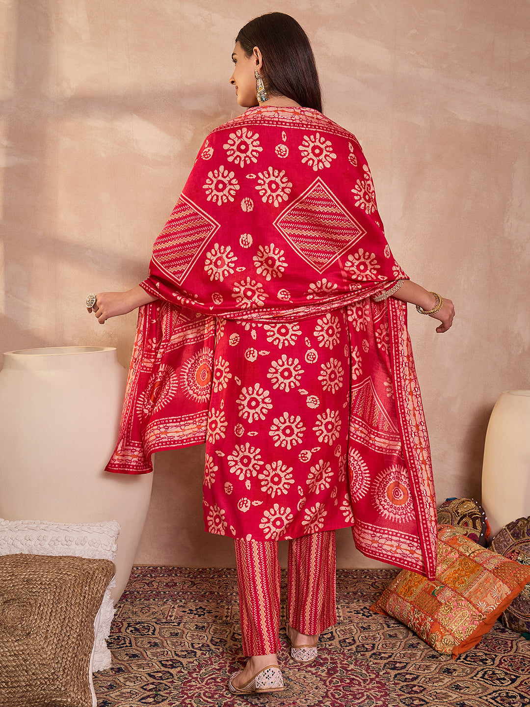 Pink Rayon Blend Floral Printed Straight Kurta Trouser With Dupatta