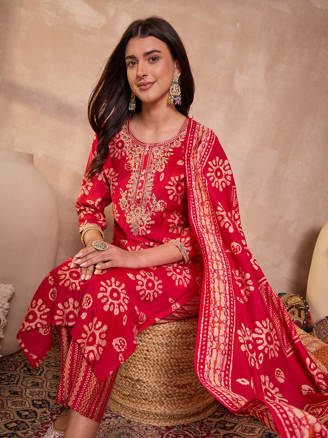 Pink Rayon Blend Floral Printed Straight Kurta Trouser With Dupatta