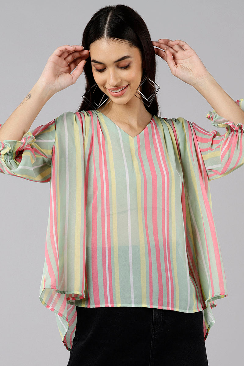 ZERESOUQ-Sea-Green-Georgette-Vertical-Stripes-Printed-Kaftan-Top