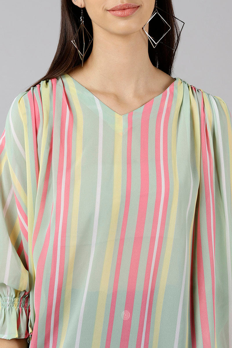 ZERESOUQ-Sea-Green-Georgette-Vertical-Stripes-Printed-Kaftan-Top