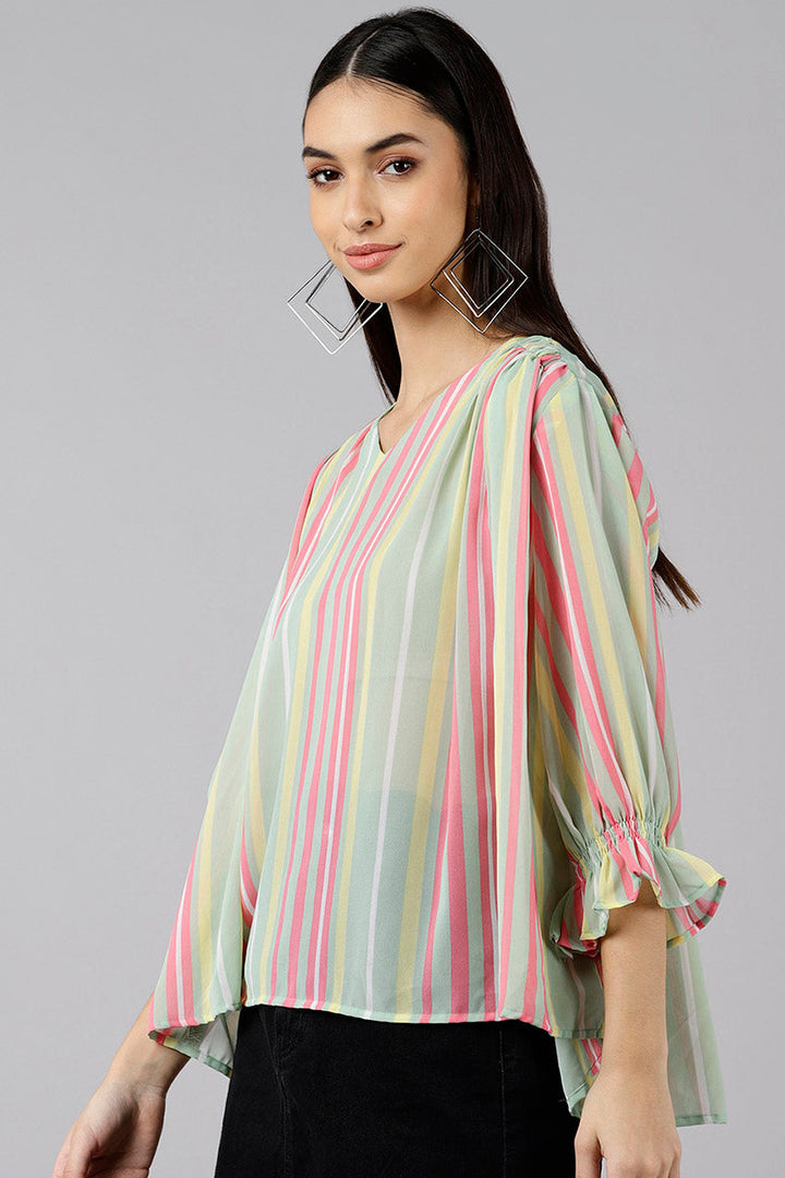 ZERESOUQ-Sea-Green-Georgette-Vertical-Stripes-Printed-Kaftan-Top