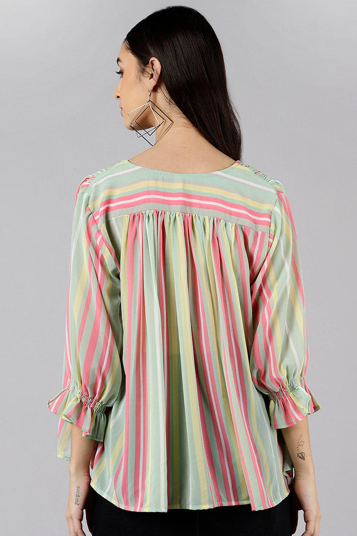 ZERESOUQ-Sea-Green-Georgette-Vertical-Stripes-Printed-Kaftan-Top