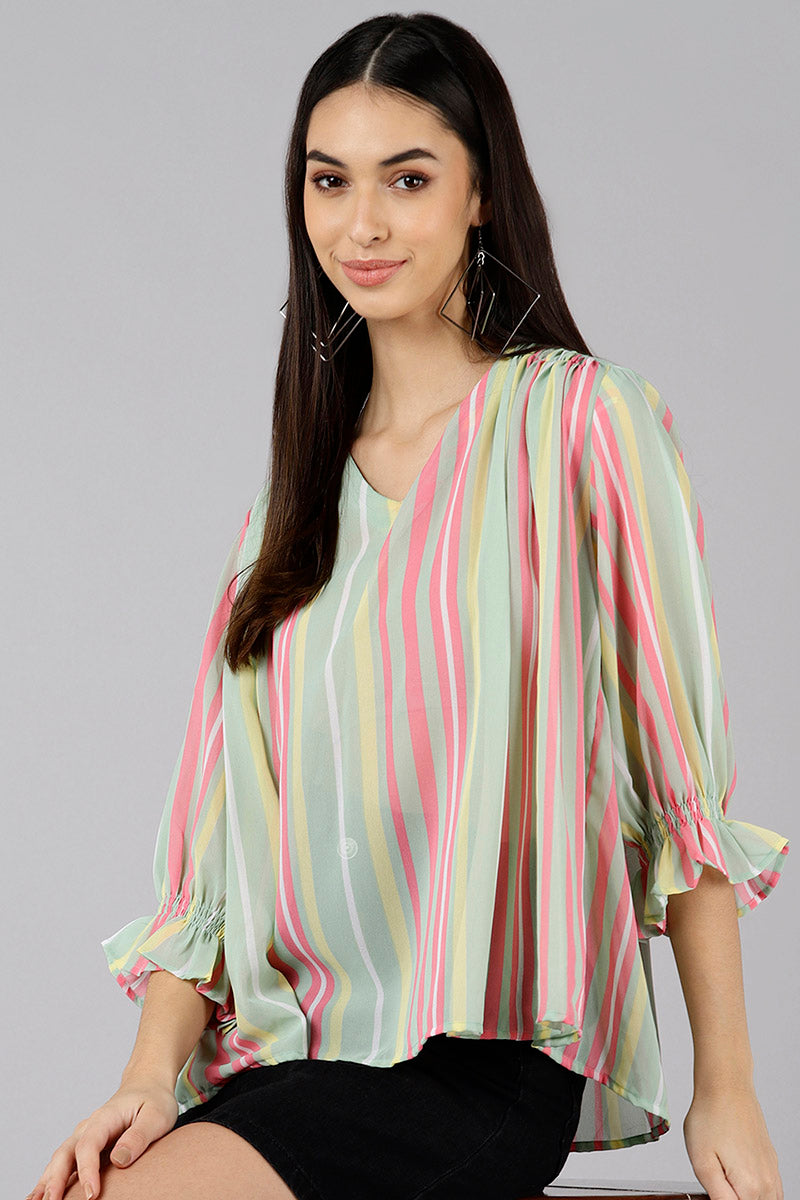 ZERESOUQ-Sea-Green-Georgette-Vertical-Stripes-Printed-Kaftan-Top