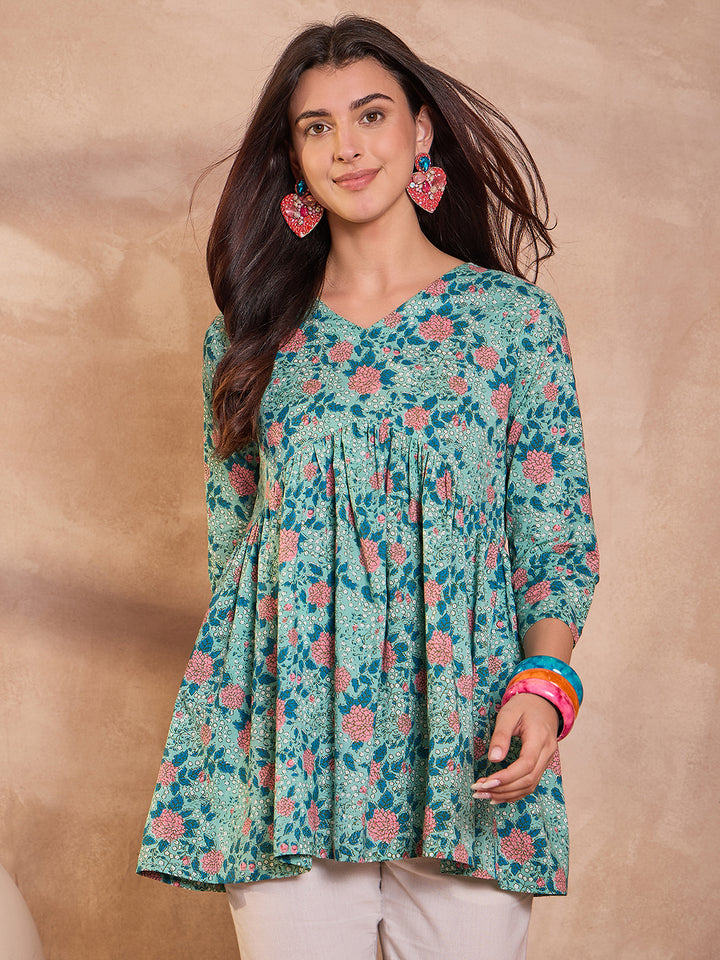 Cotton Blend Blue Floral Regular Tops