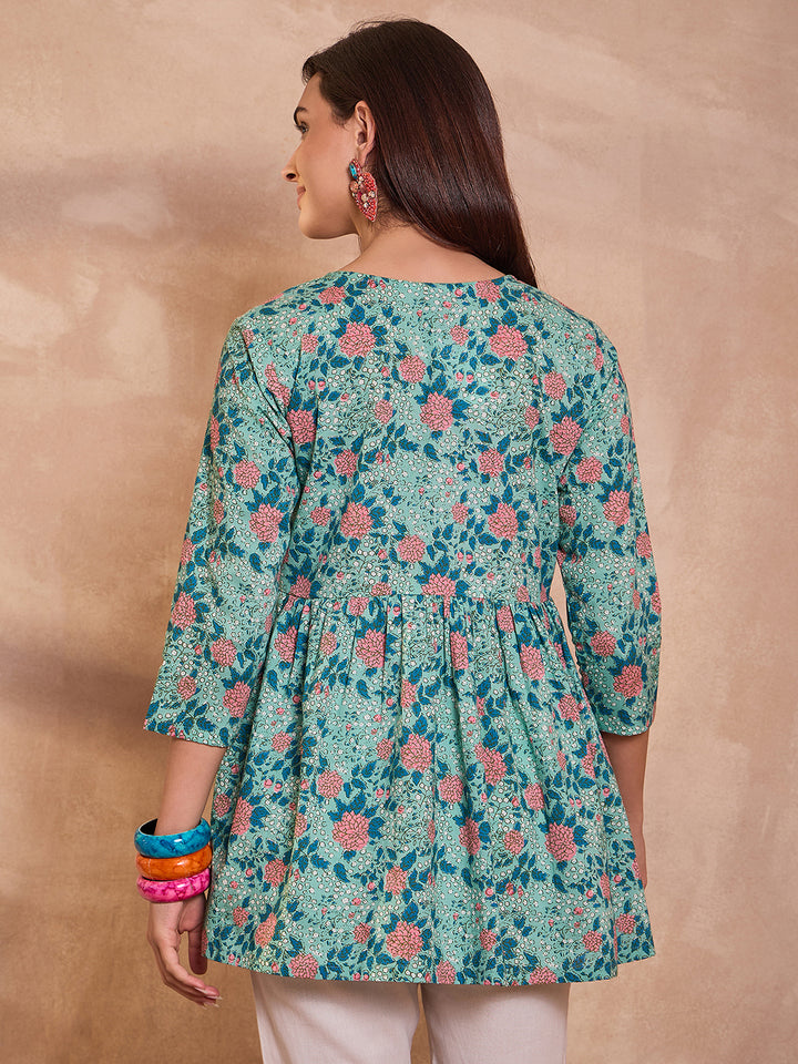 Cotton Blend Blue Floral Regular Tops