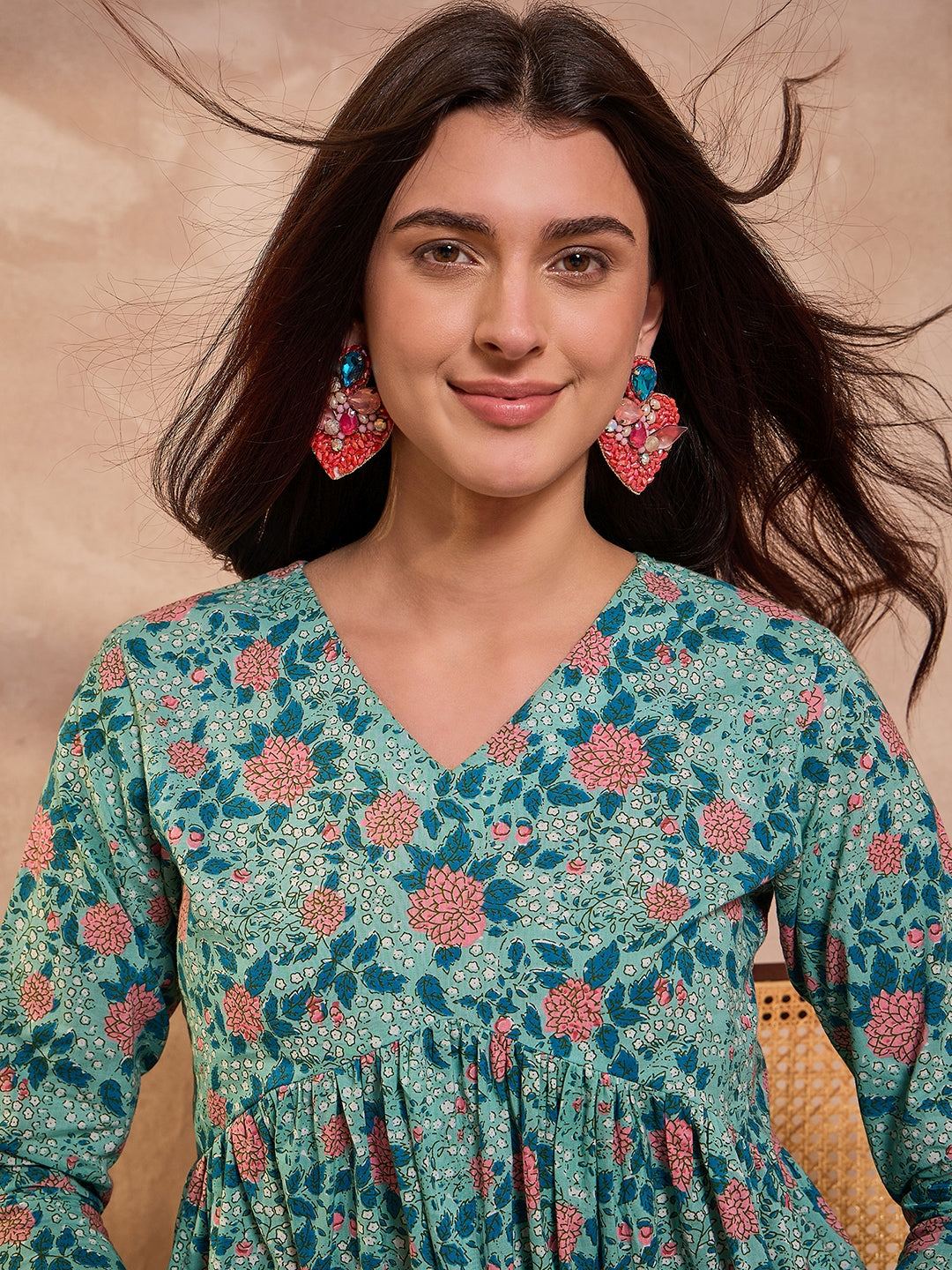 Cotton Blend Blue Floral Regular Tops