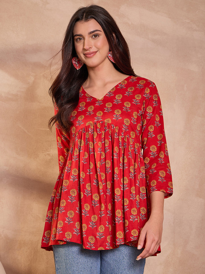 Red Floral Printed Cotton Blend Tops