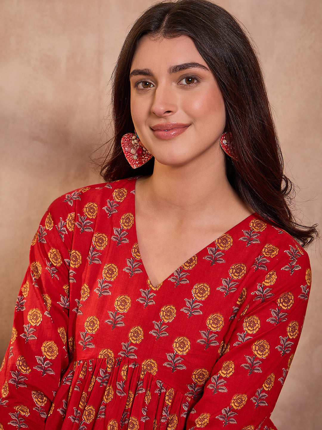 Red Floral Printed Cotton Blend Tops