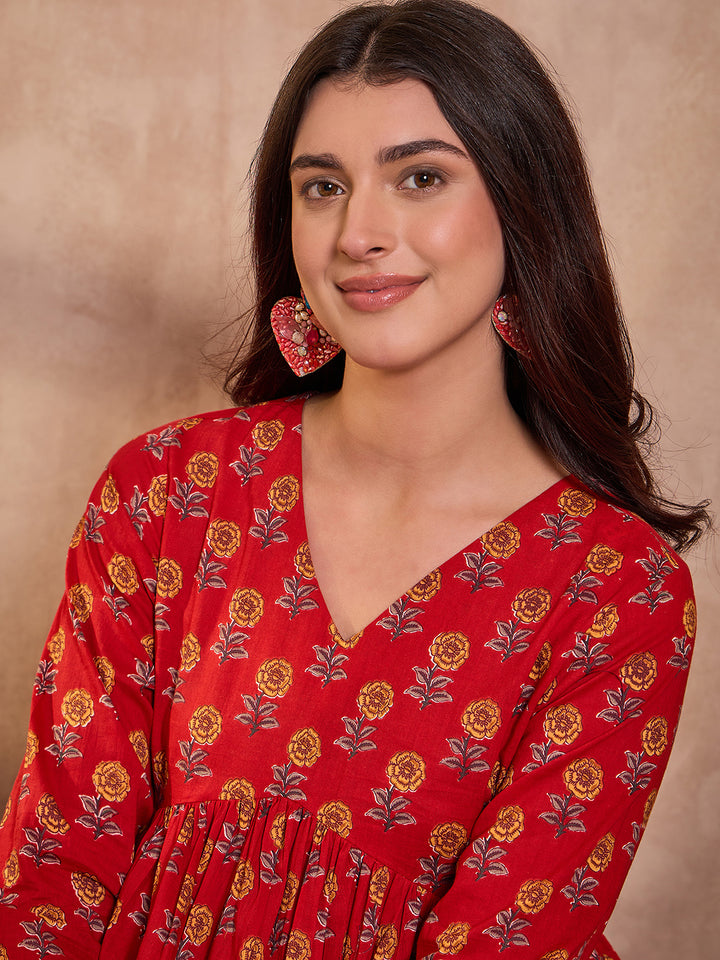 Red Floral Printed Cotton Blend Tops