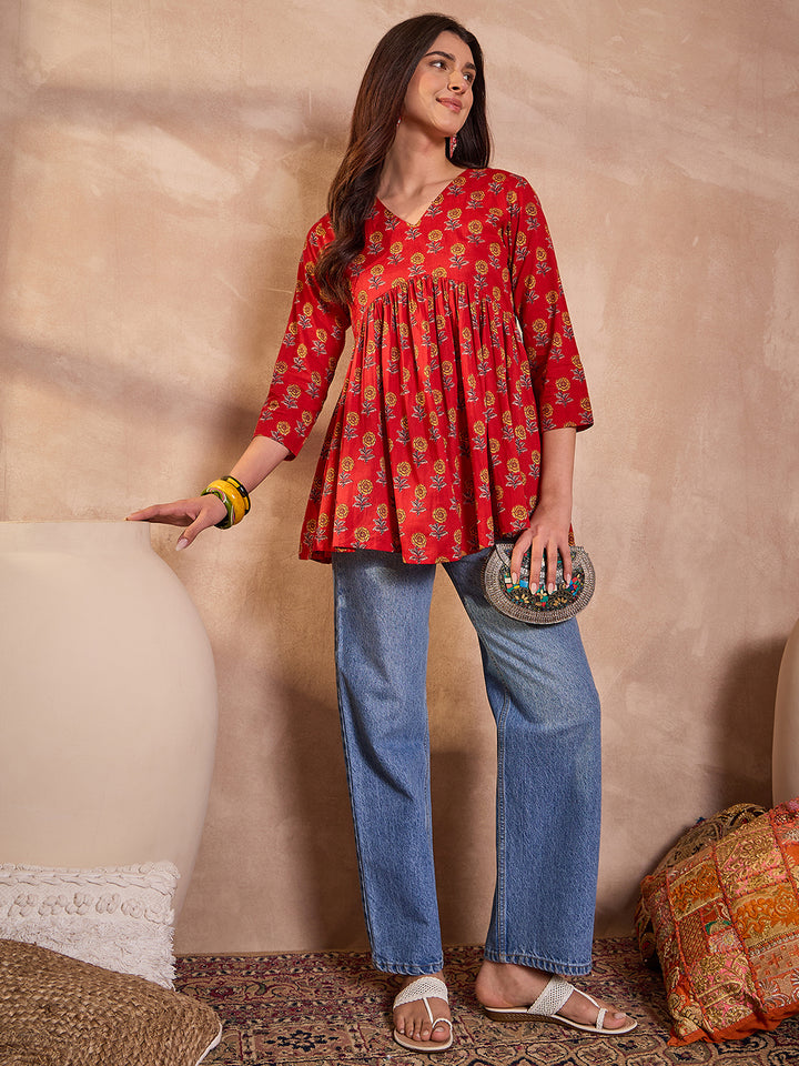 Red Floral Printed Cotton Blend Tops