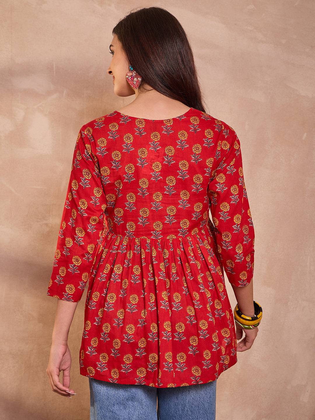Red Floral Printed Cotton Blend Tops