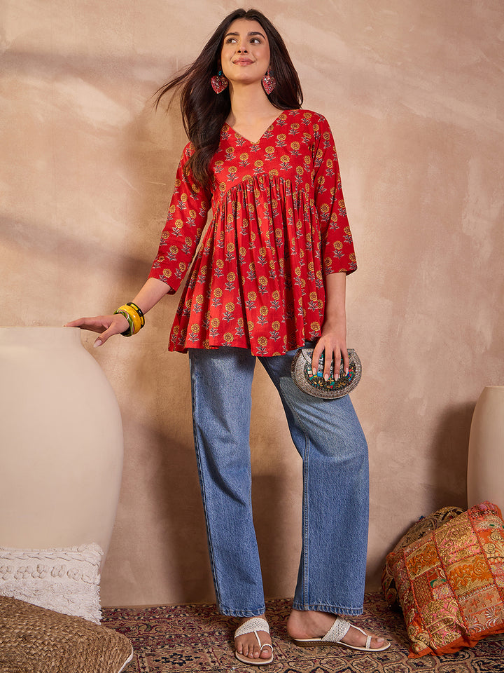 Red Floral Printed Cotton Blend Tops