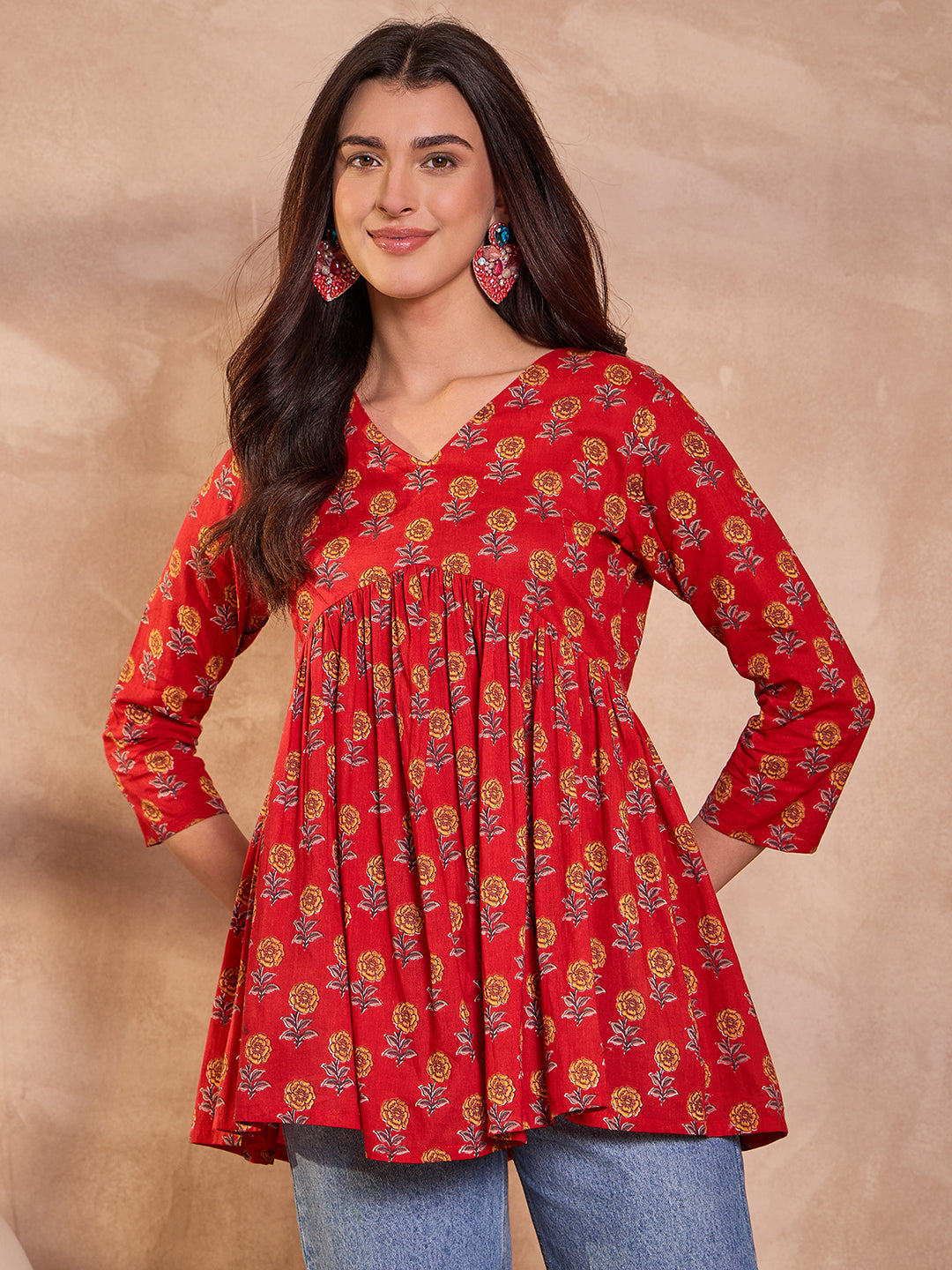 Red Floral Printed Cotton Blend Tops