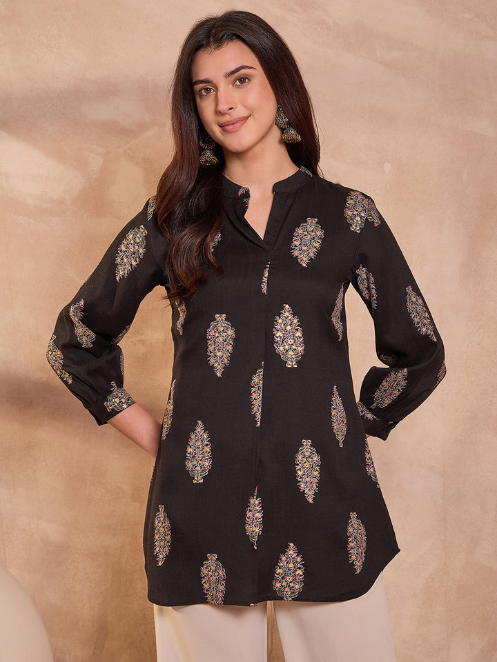 Black Floral Printed Cotton Blend Tops