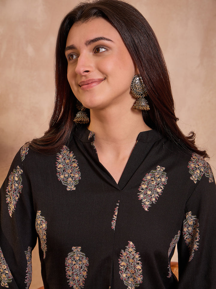 Black Floral Printed Cotton Blend Tops