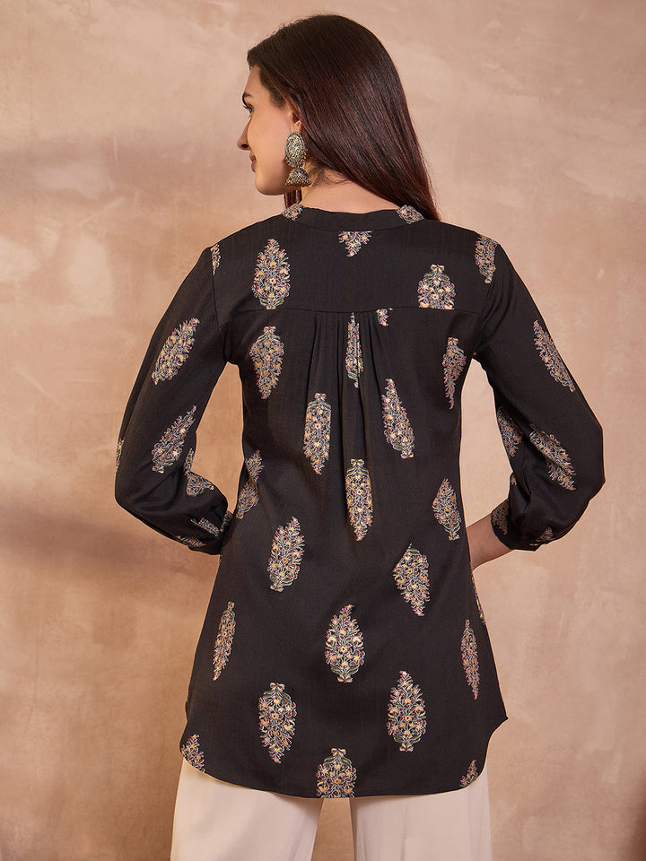 Black Floral Printed Cotton Blend Tops