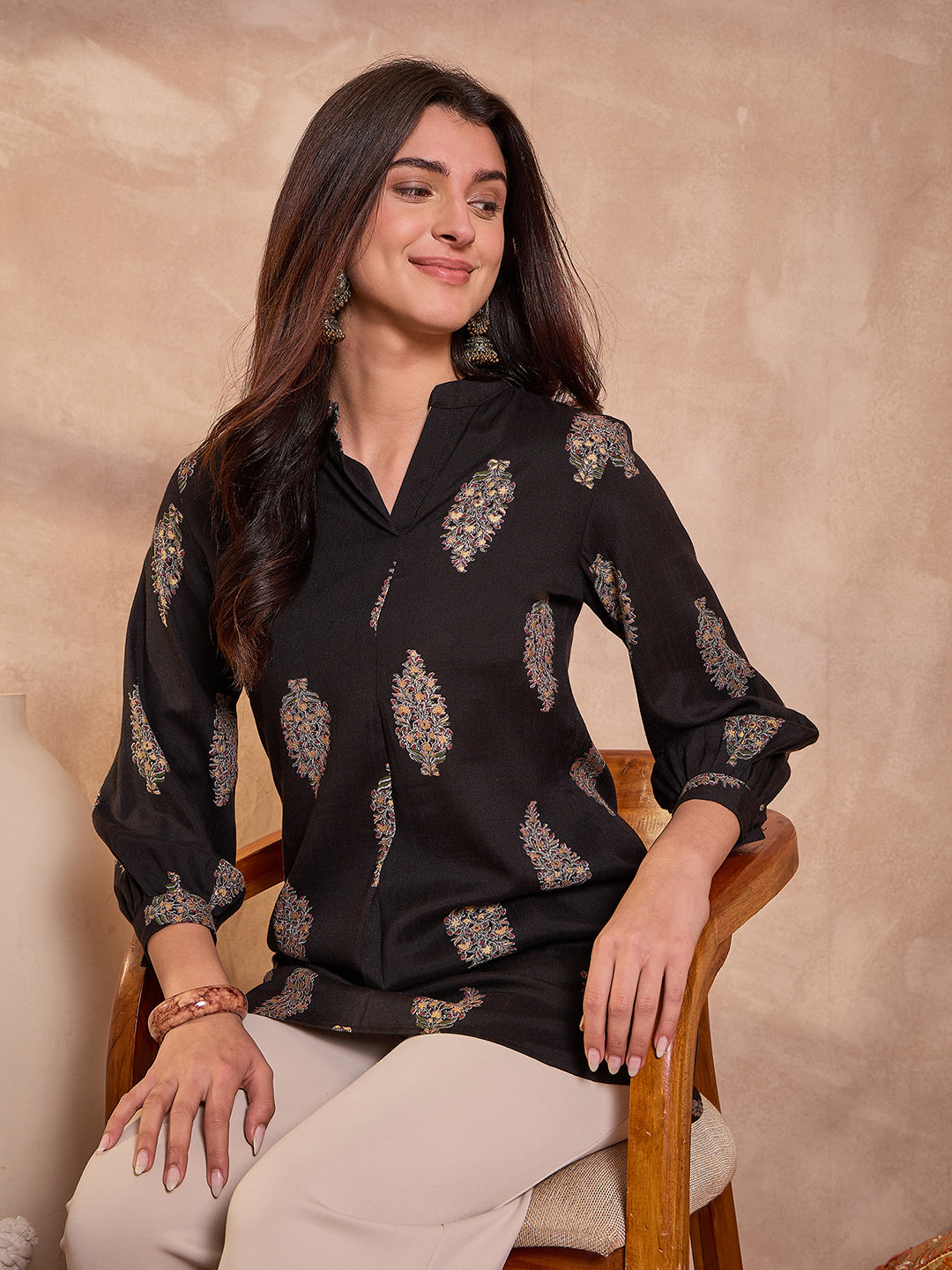 Black Floral Printed Cotton Blend Tops