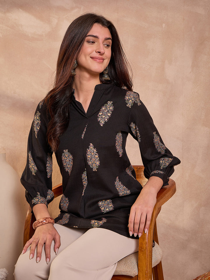 Black Floral Printed Cotton Blend Tops