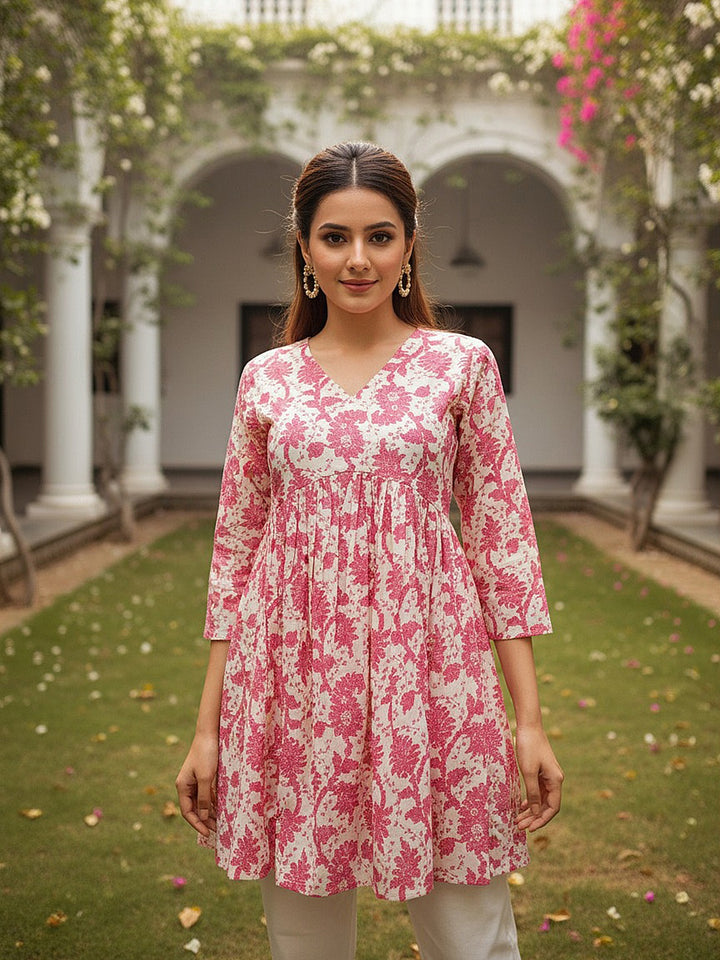 Cotton Blend Off White Floral Printed Top