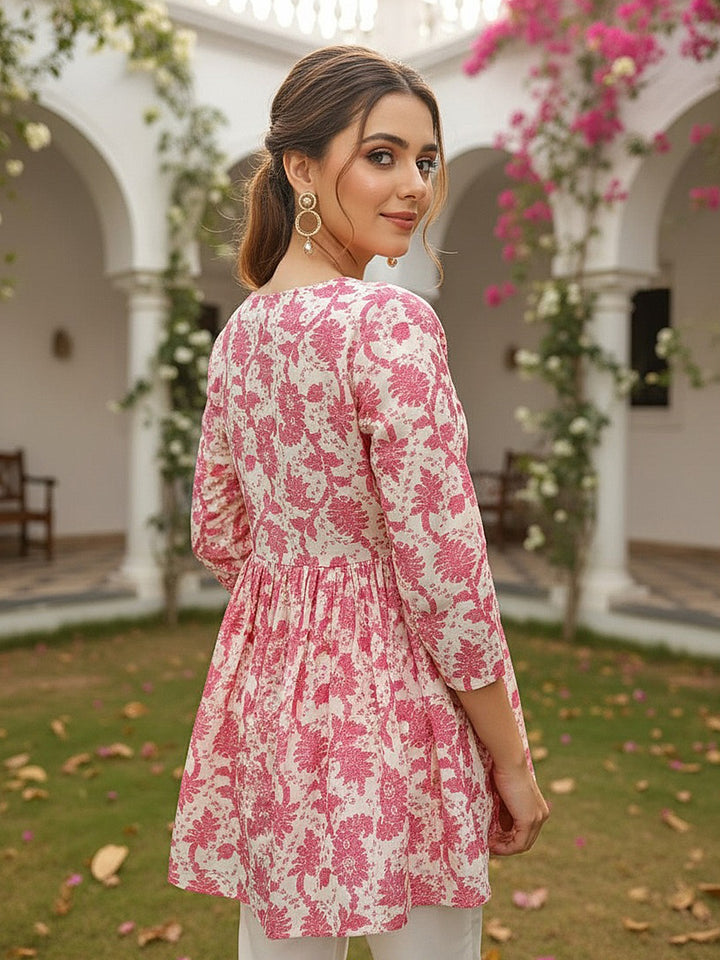 Cotton Blend Off White Floral Printed Top