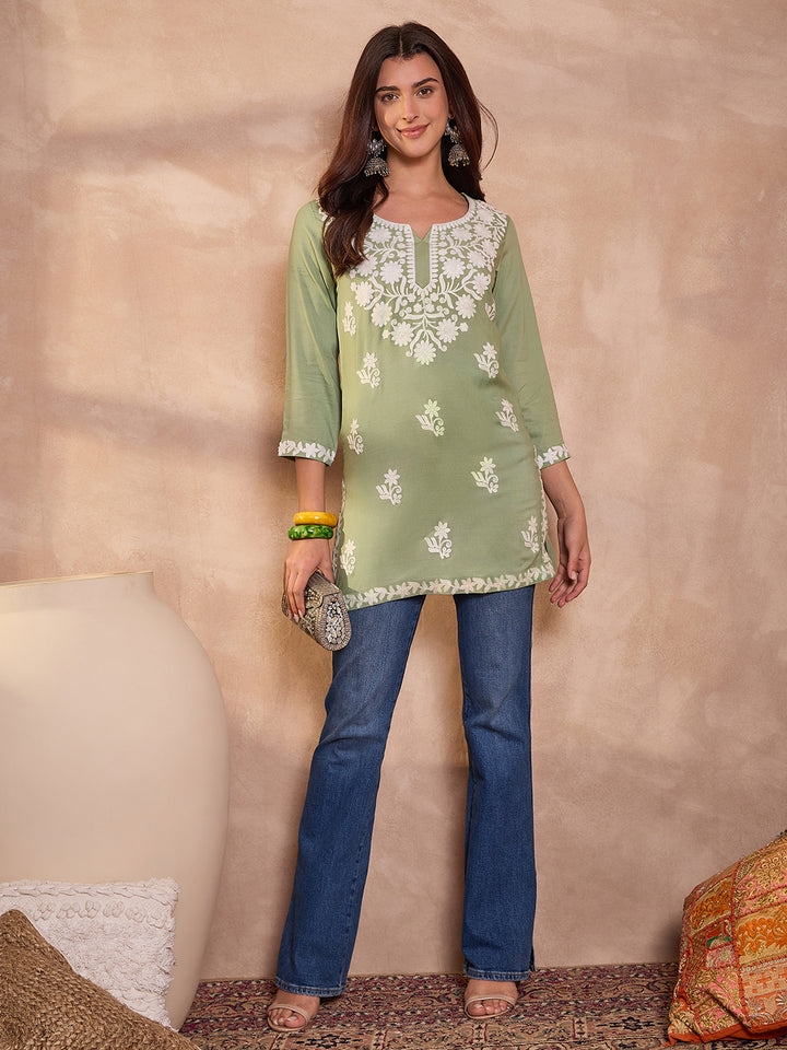 Green Viscose Rayon Solid Embroidered Regular Top