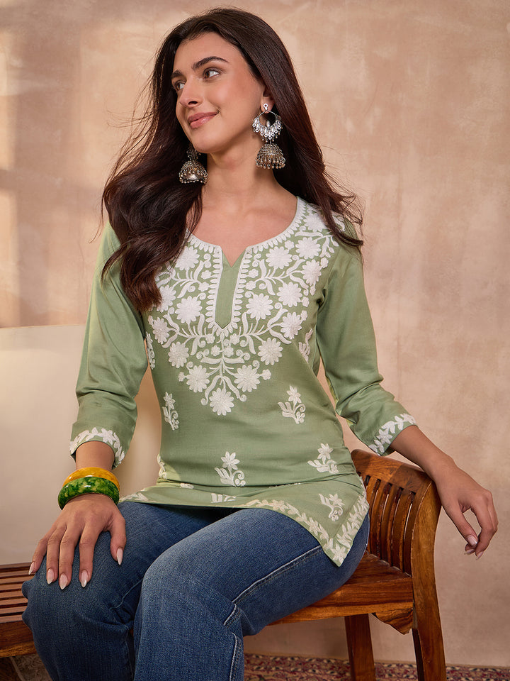 Green Viscose Rayon Solid Embroidered Regular Top