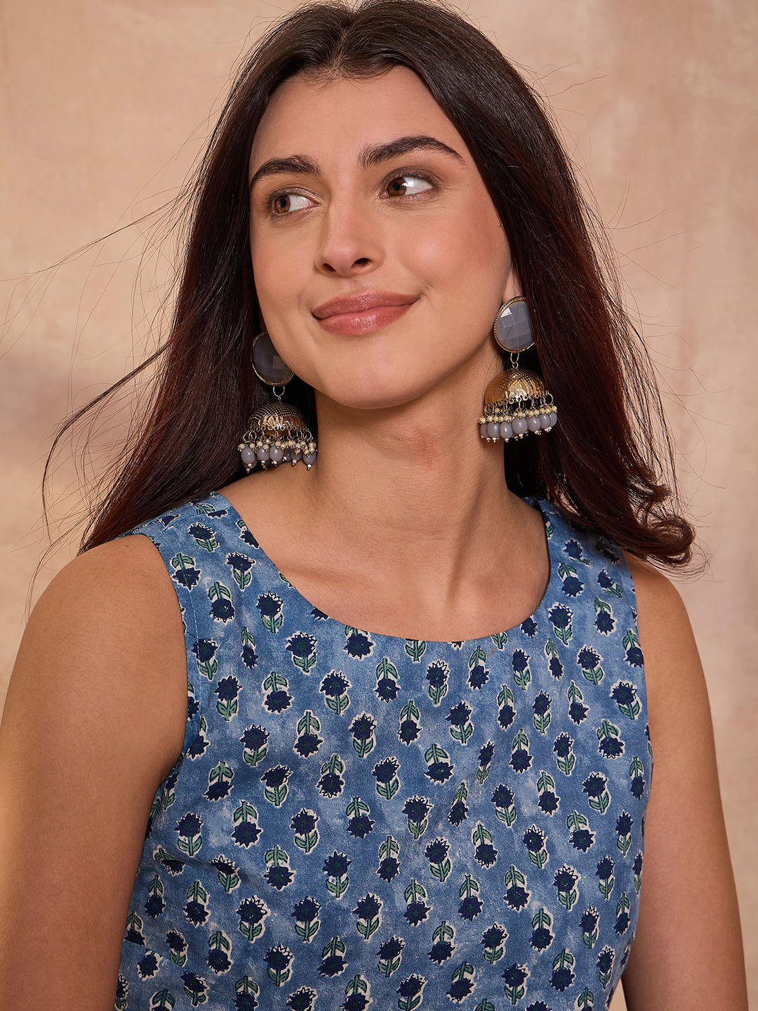 Blue Floral Printed Cotton Blend Tops