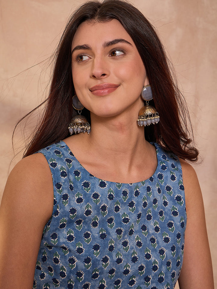 Blue Floral Printed Cotton Blend Tops