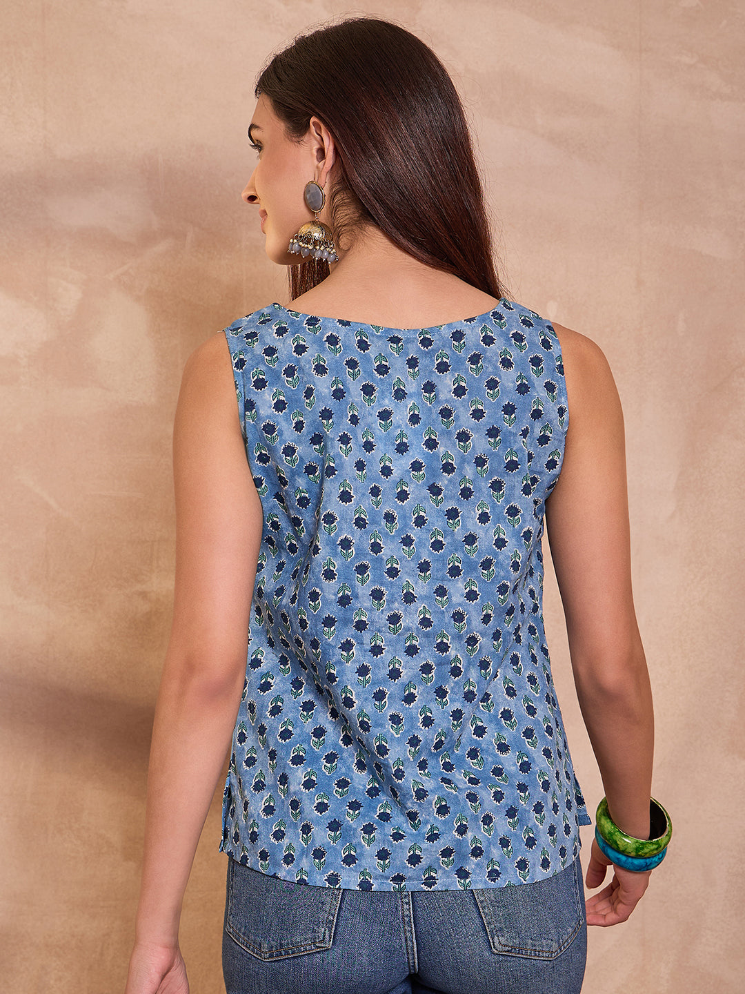 Blue Floral Printed Cotton Blend Tops
