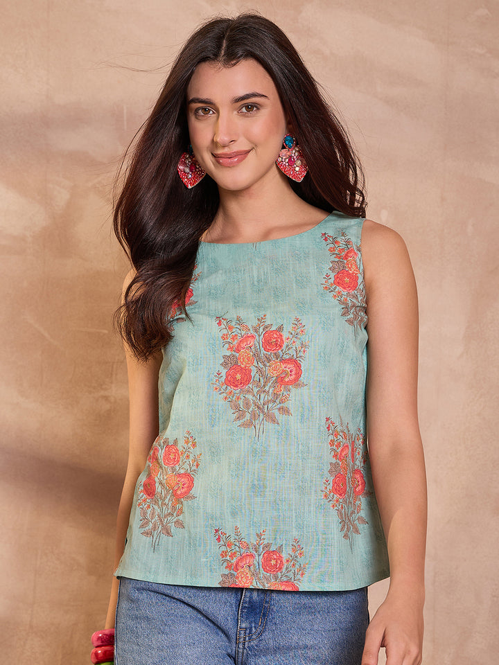 Blue Floral Printed Cotton Blend Tops