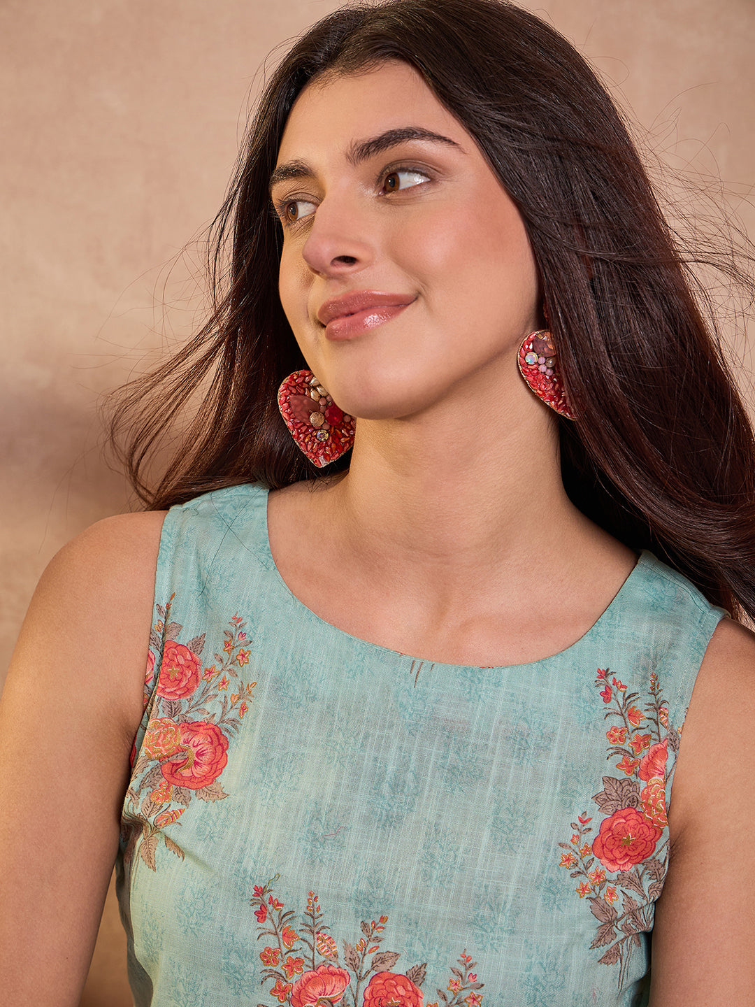 Blue Floral Printed Cotton Blend Tops