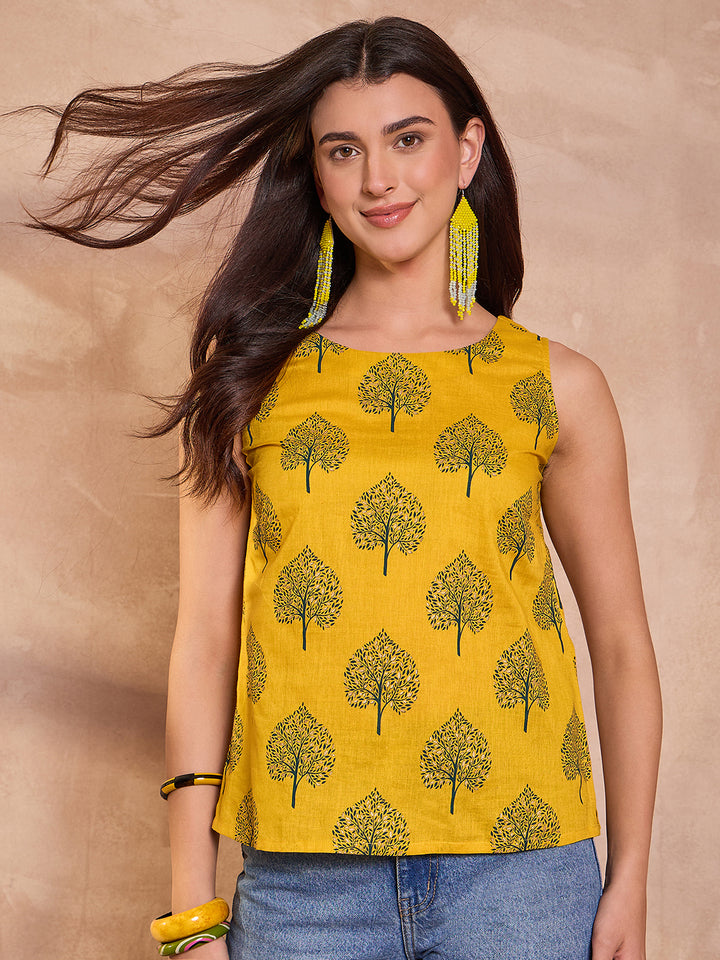 Yellow Floral Printed Cotton Blend Tops