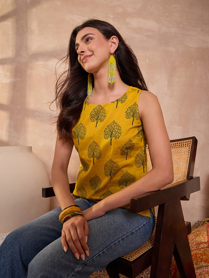 Yellow Floral Printed Cotton Blend Tops