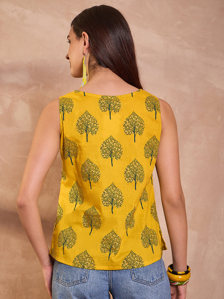 Yellow Floral Printed Cotton Blend Tops