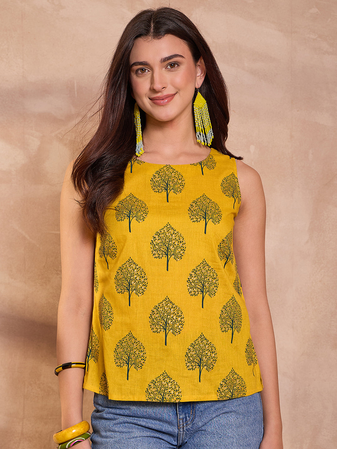 Yellow Floral Printed Cotton Blend Tops