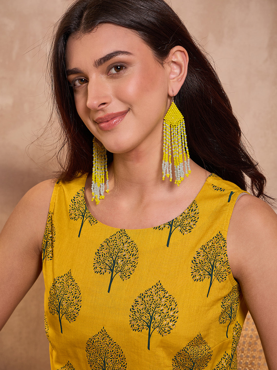 Yellow Floral Printed Cotton Blend Tops