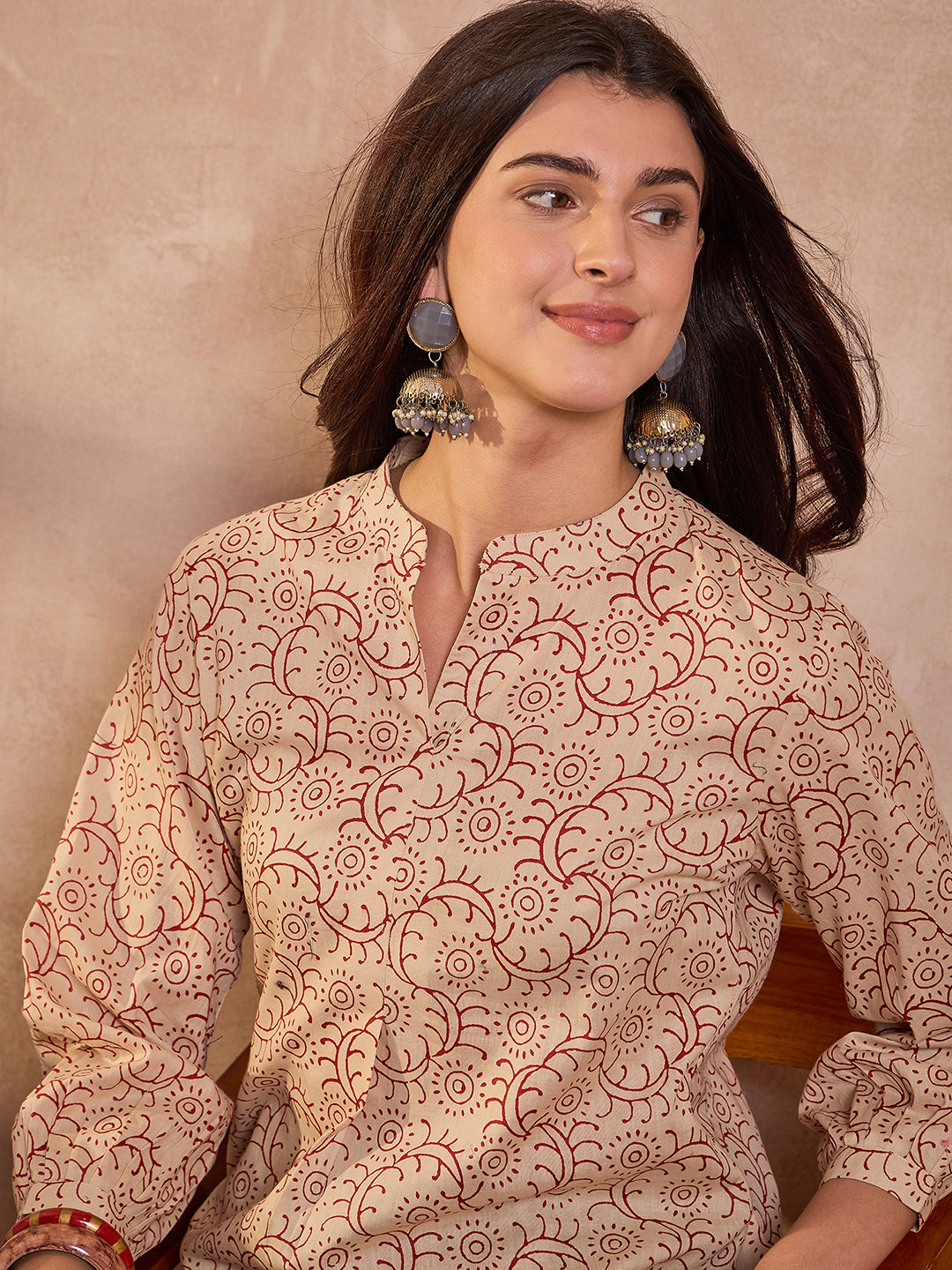 Beige Ethnic Motifs Printed Cotton Tops