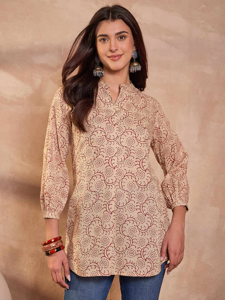 Beige Ethnic Motifs Printed Cotton Tops