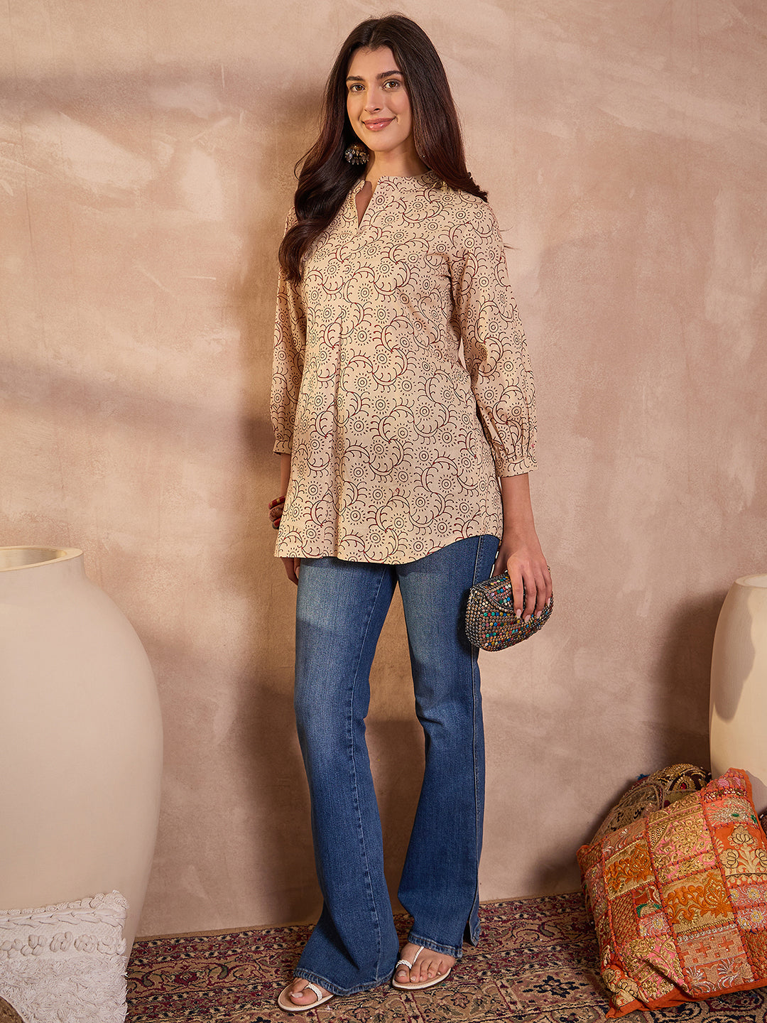 Beige Ethnic Motifs Printed Cotton Tops