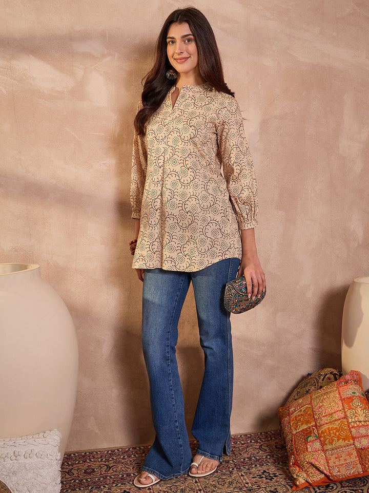 Beige Ethnic Motifs Printed Cotton Tops