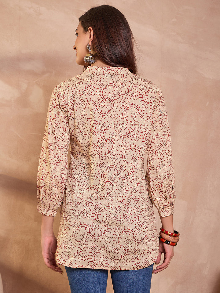 Beige Ethnic Motifs Printed Cotton Tops