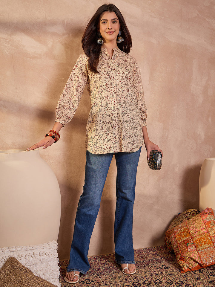Beige Ethnic Motifs Printed Cotton Tops