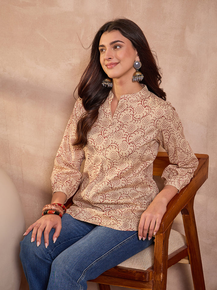 Beige Ethnic Motifs Printed Cotton Tops