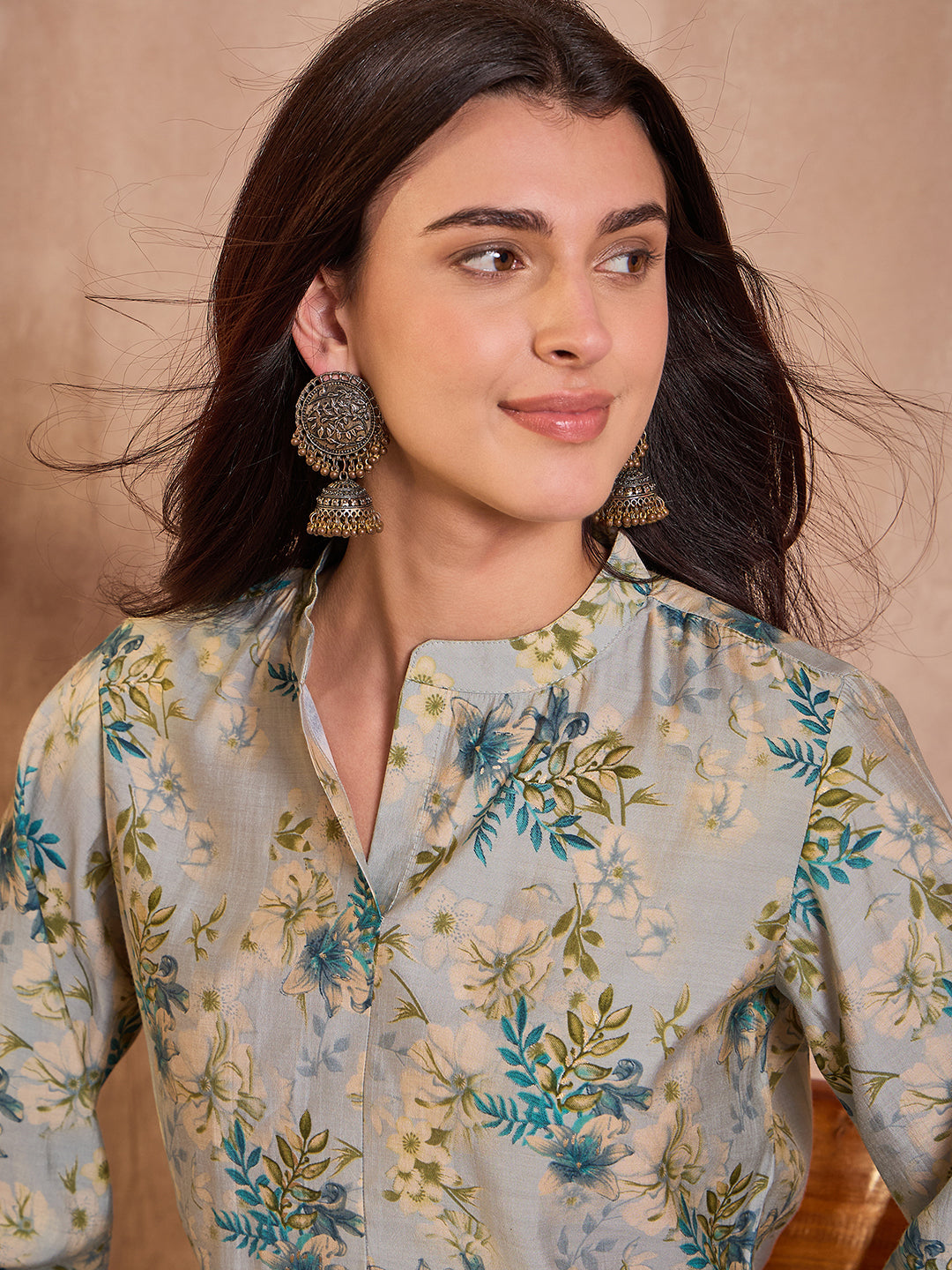 Grey Floral Printed Silk Blend Tops