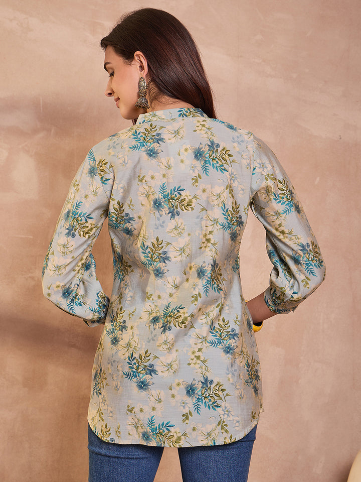 Grey Floral Printed Silk Blend Tops