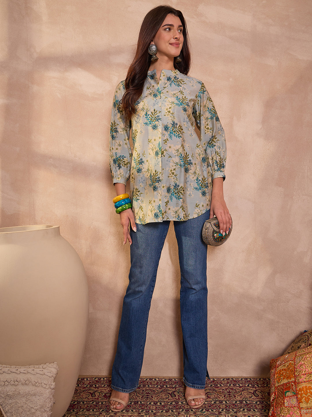 Grey Floral Printed Silk Blend Tops