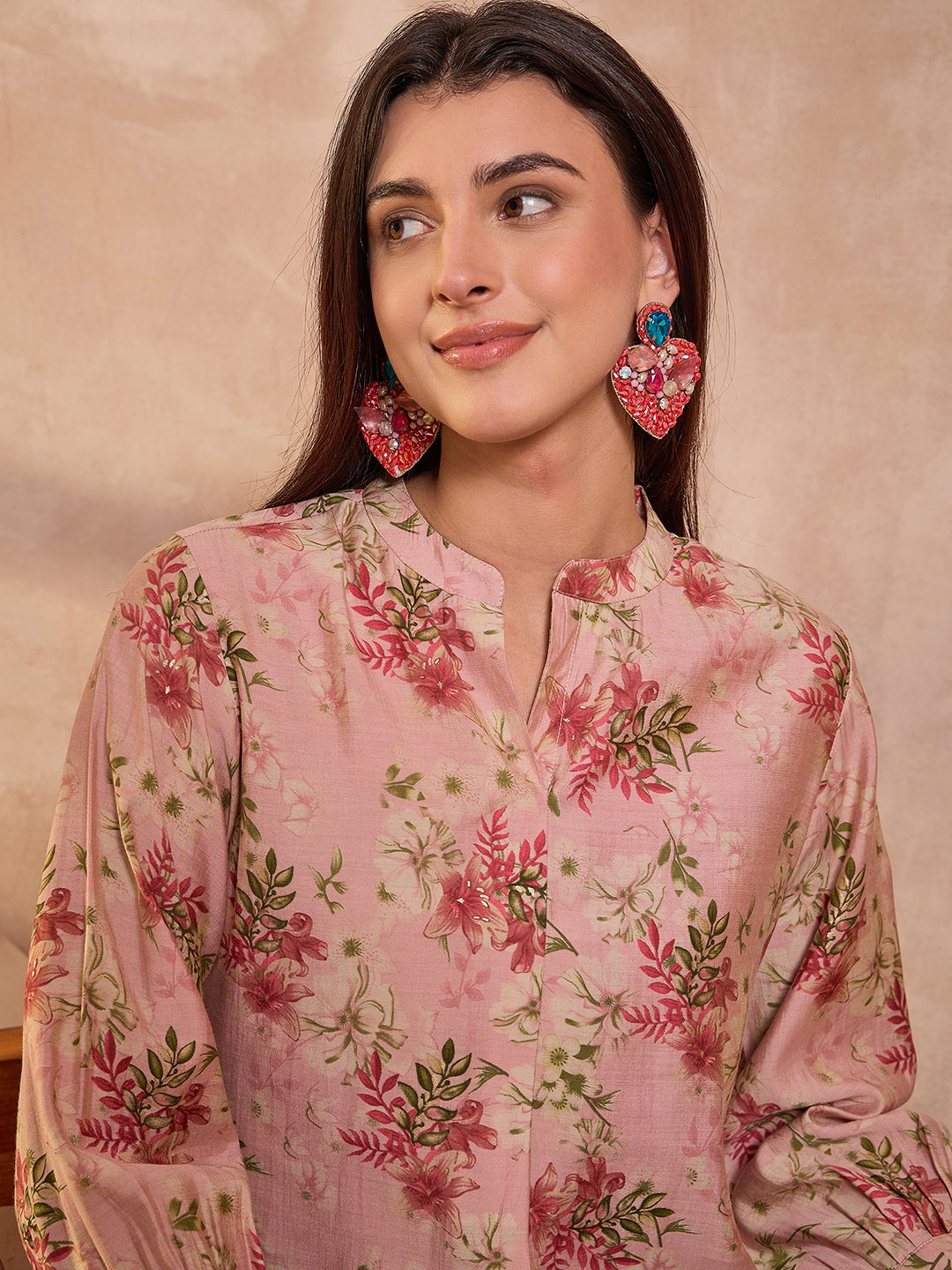Pink Floral Printed Silk Blend Tops